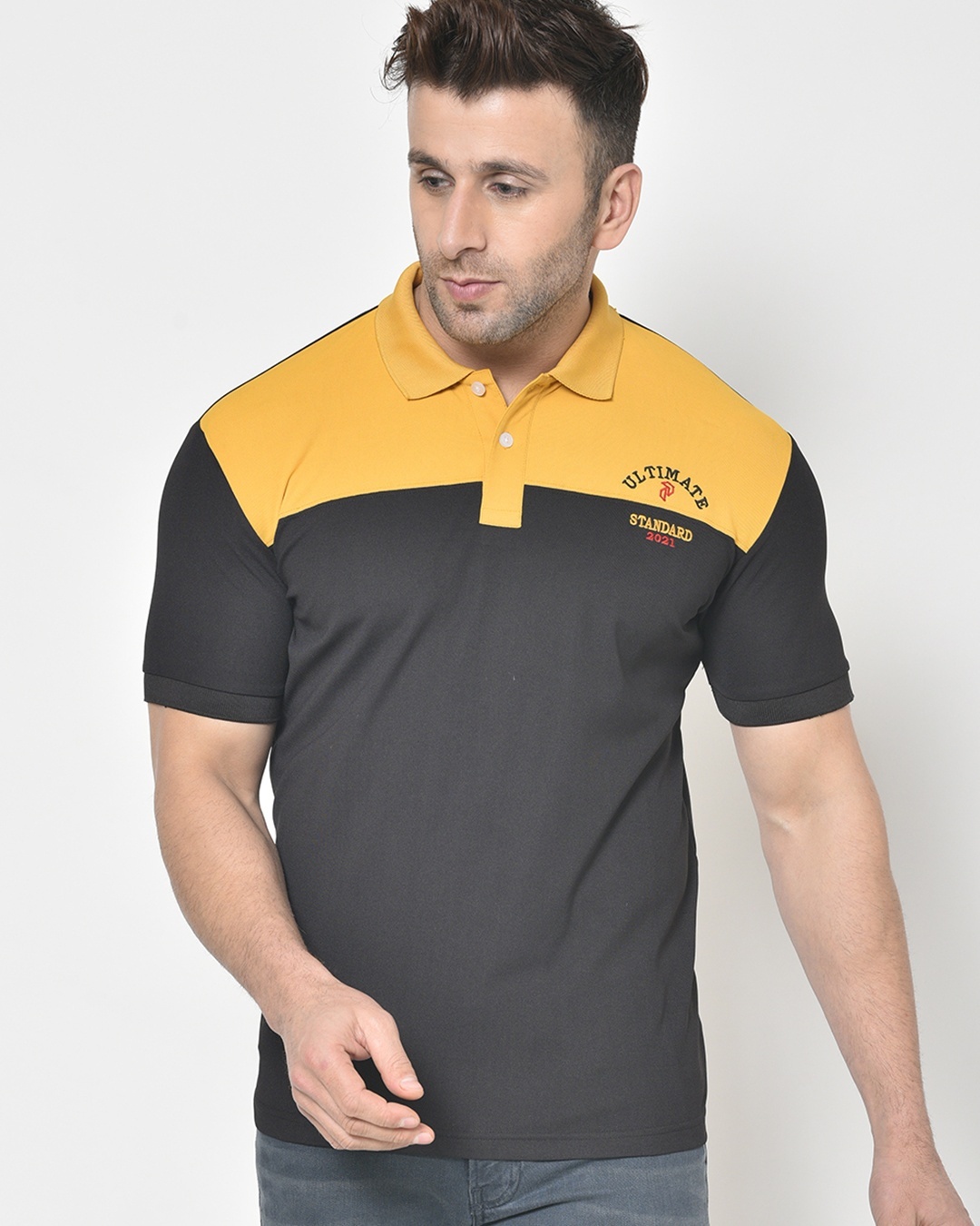 Shop Men's Black & Yellow Color Block Polo T-shirt-Front