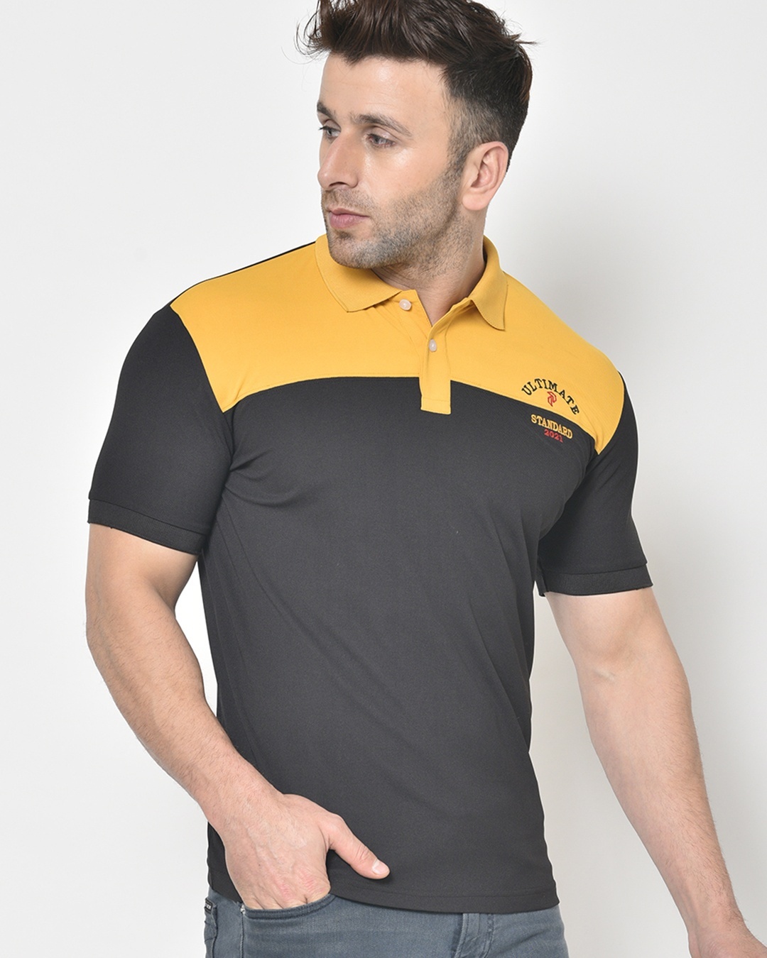 Shop Men's Black & Yellow Color Block Polo T-shirt-Design