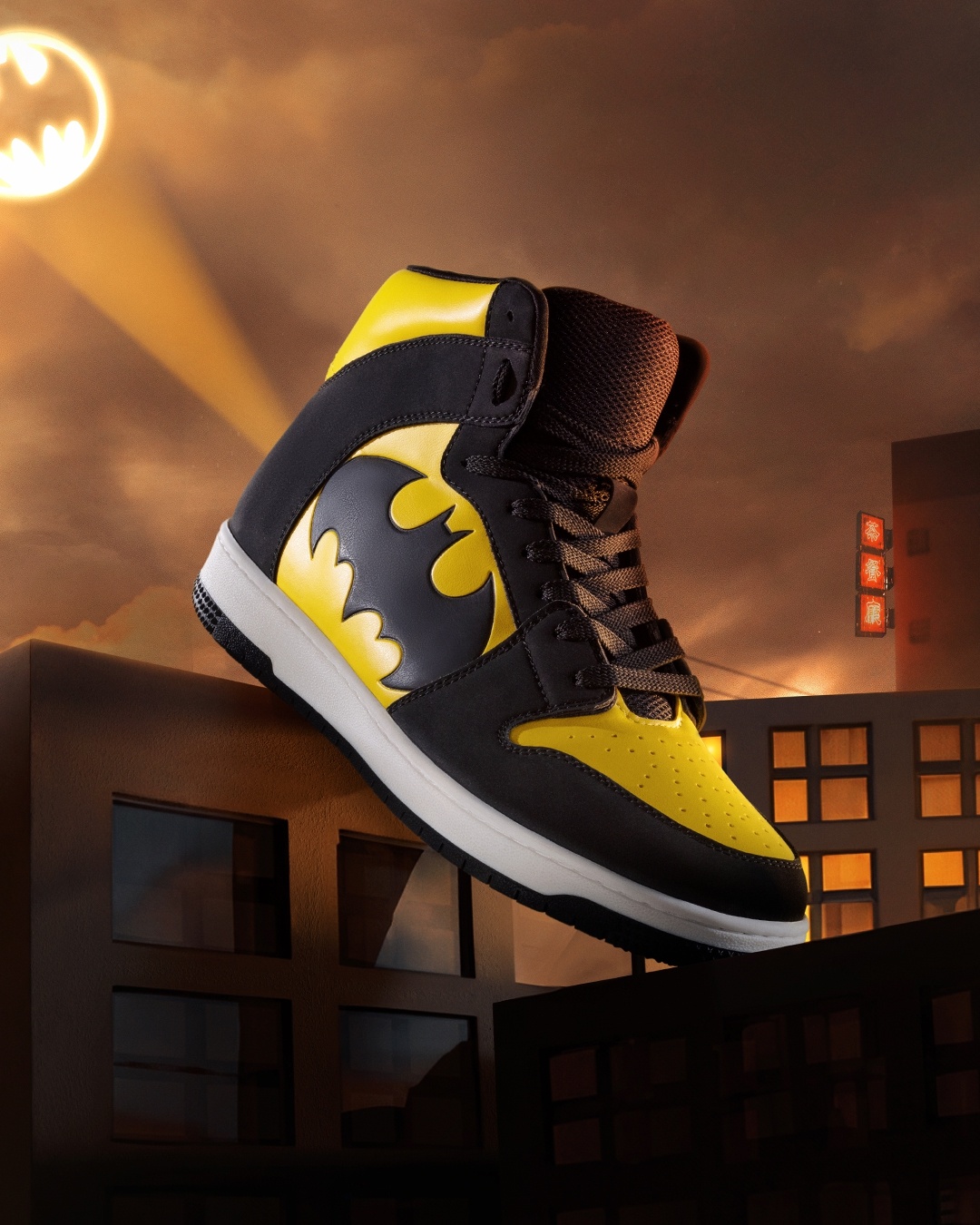 blue or black jeans paired with Men's Black & Yellow Dark Knight Color Block High Top Sneakers