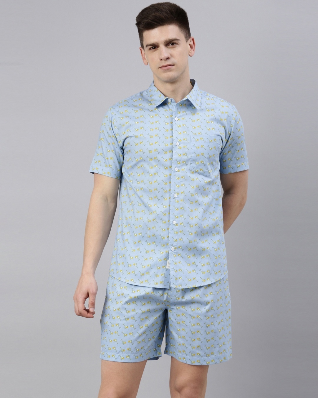 Buy Men's Blue All Over Printed Cotton Shirt & Shorts Set Online in ...