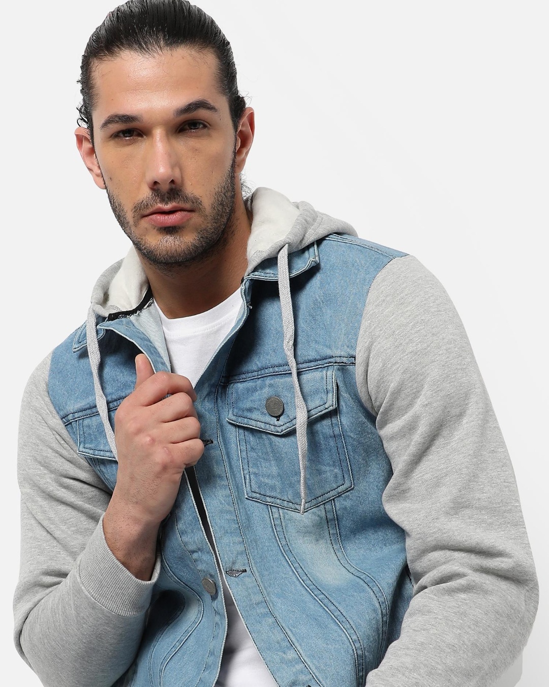 Buy Men's Blue and Grey Color Block Denim Hooded Jacket for Men Blue