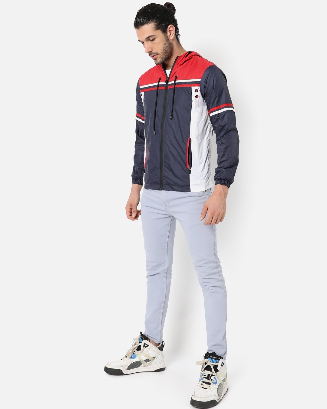 Shop Men's Blue and Red Color Block Hooded Jacket-Full