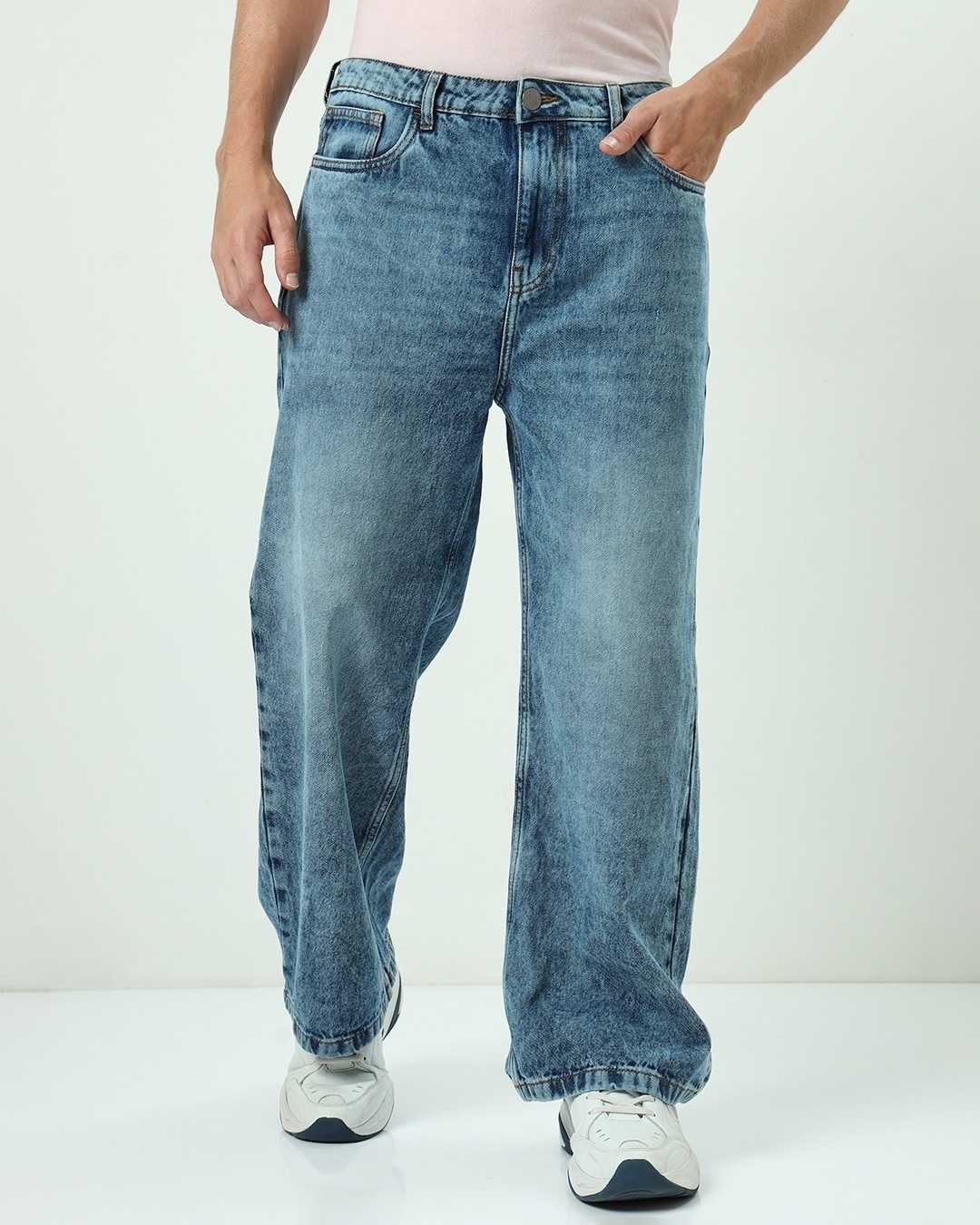 Men's Blue Baggy Straight Fit Jeans paired with clogs and crocs