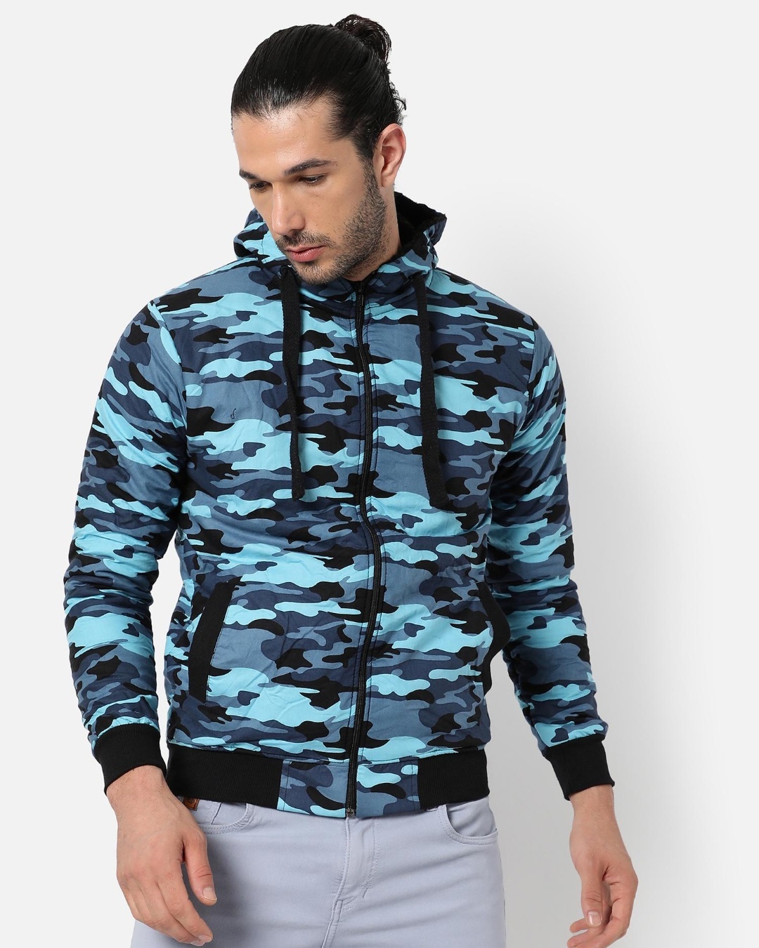 Shop Men's Blue Camouflage Hooded Jacket-Front