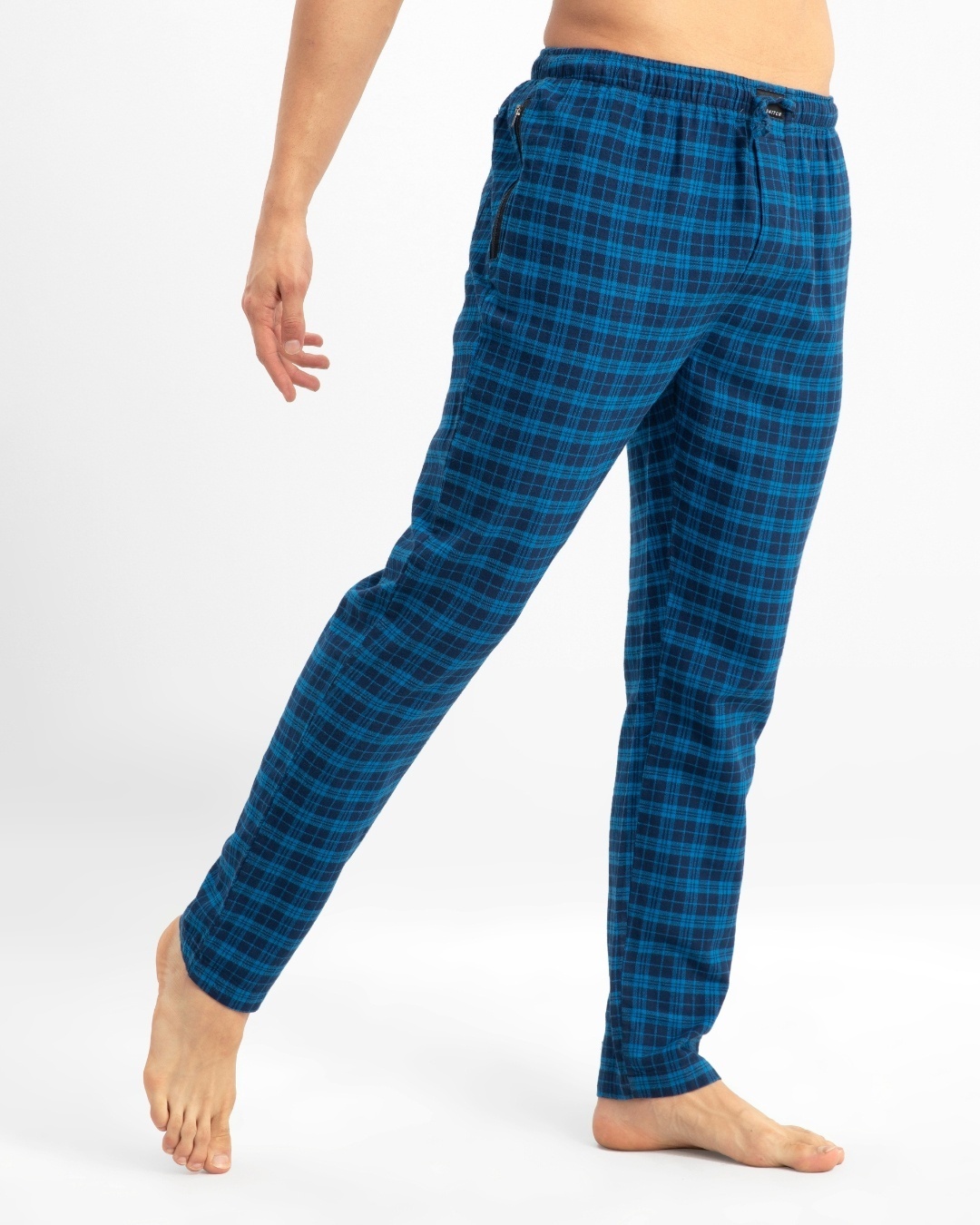 Shop Men's Blue Checked Elasticated Cotton Relaxed Fit Pyjamas-Full