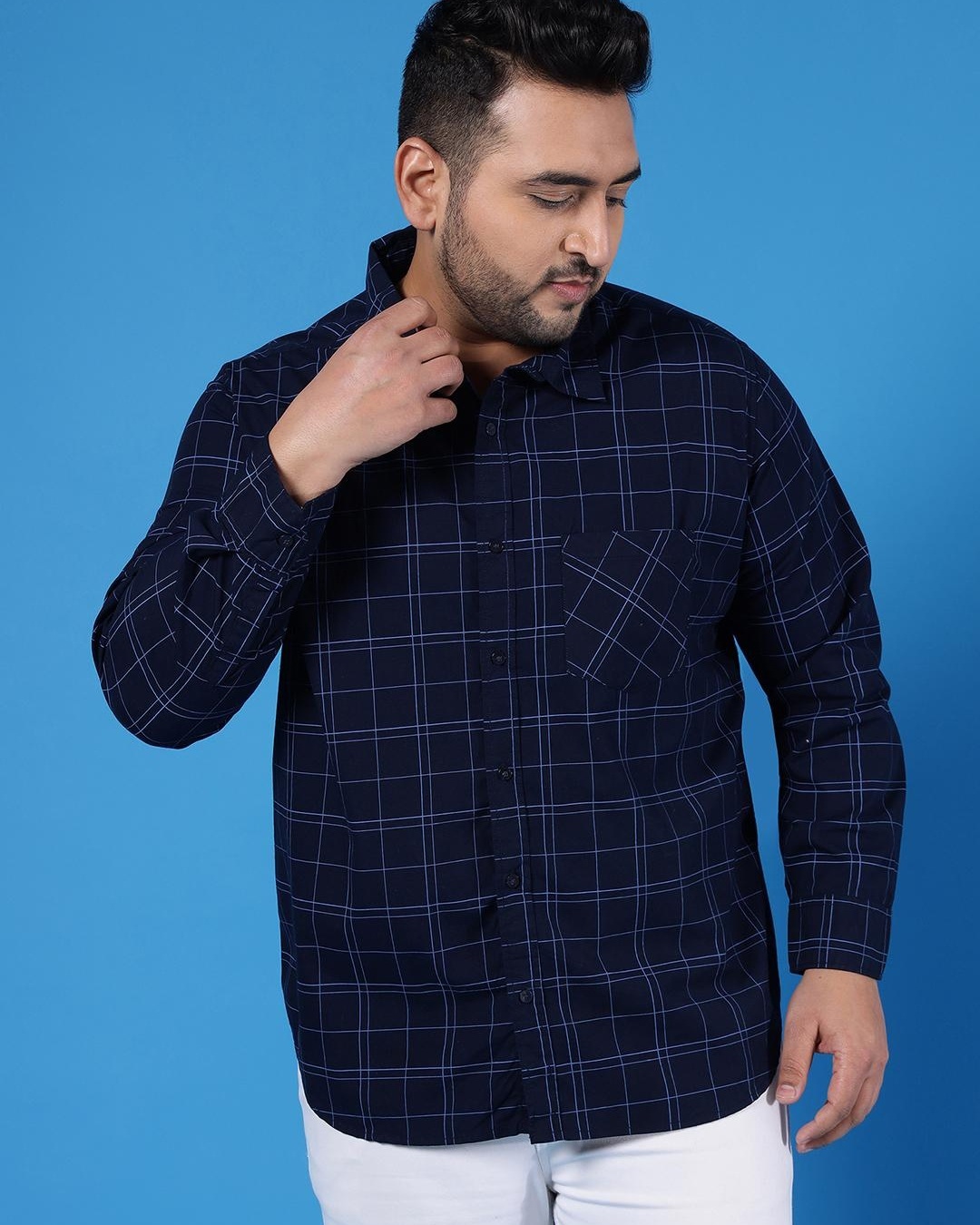 Men's Blue Checked Plus Size Shirt