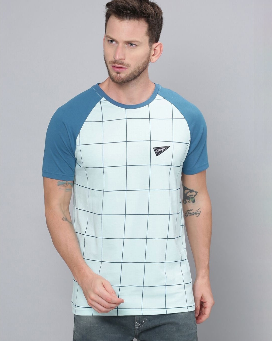 Shop Men's Blue Checked T-shirt-Front