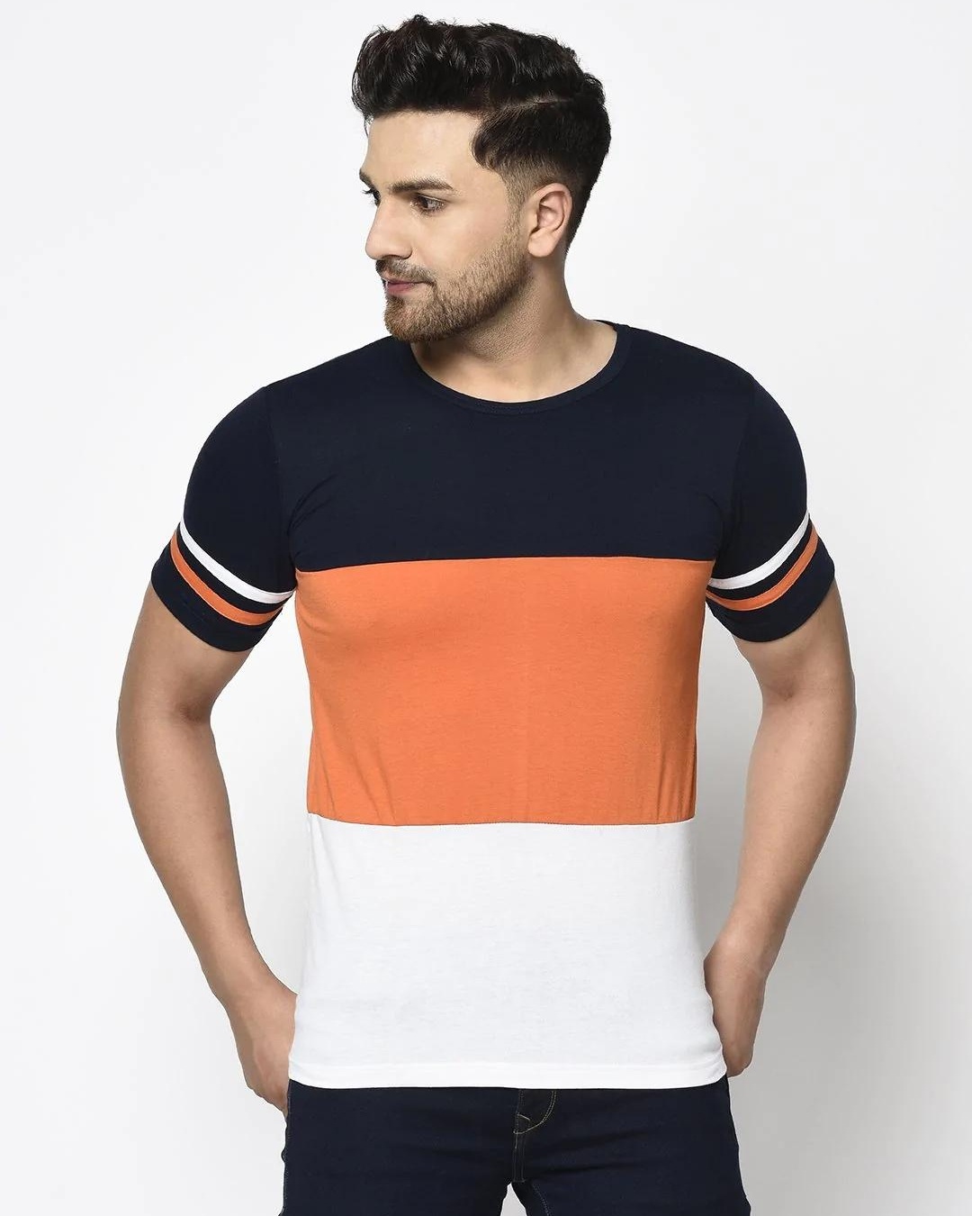Buy Men's Blue & Orange Color Block Slim Fit T-shirt for Men Blue ...