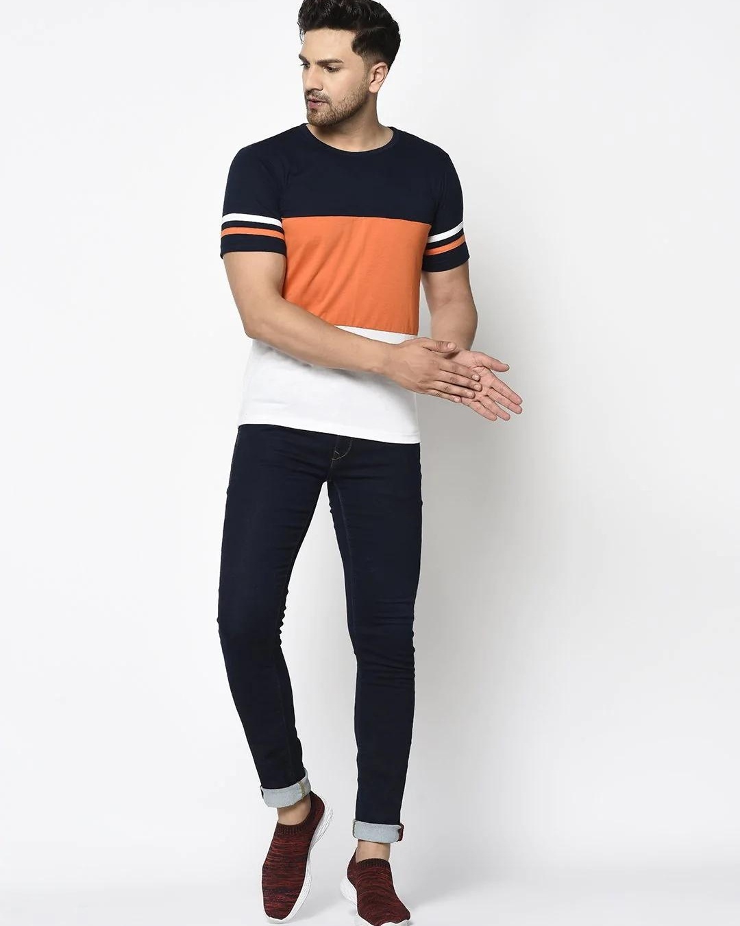 Buy Mens Blue And Orange Color Block Slim Fit T Shirt For Men Blue Online At Bewakoof 3481