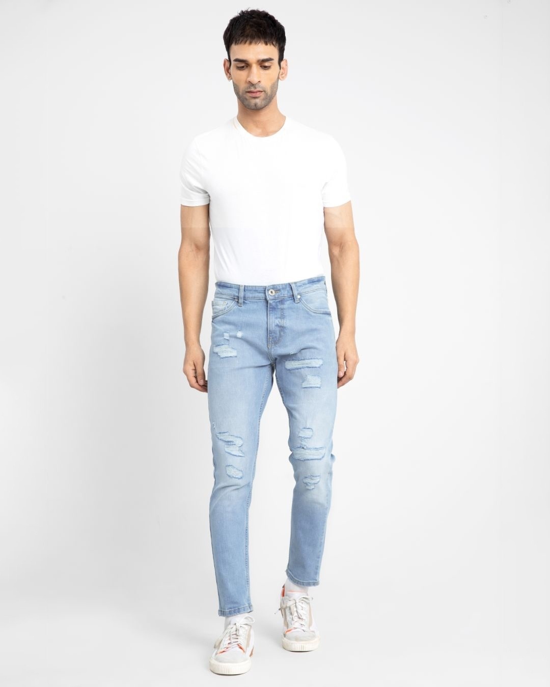 Shop Men's Blue Distressed Skinny Fit Jeans-Front
