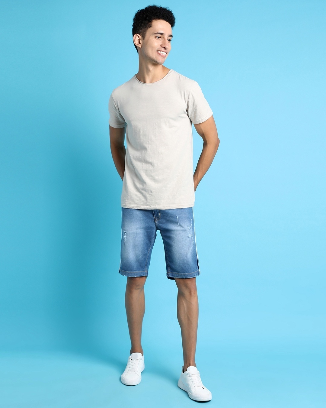 Men's Blue Washed Distressed Slim Fit Denim Shorts