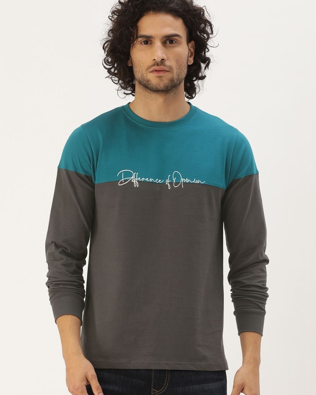 Shop Men's Blue & Grey Colourblocked T-shirt-Front