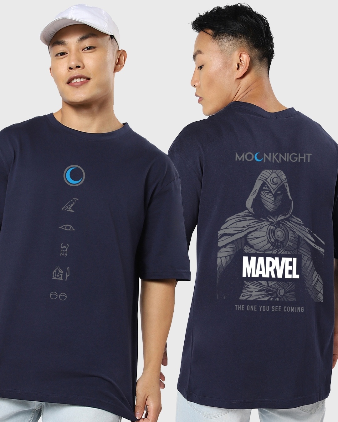 Men's Blue Marvel Moon Knight Graphic Printed Oversized T-shirt