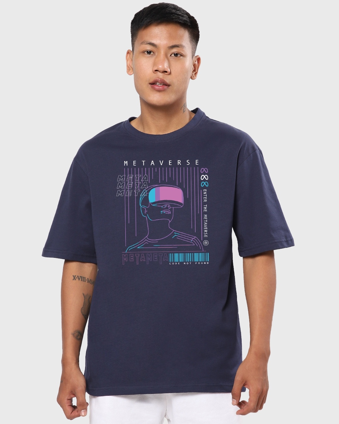 Men's Blue Metaverse Graphic Printed Oversized T-shirt