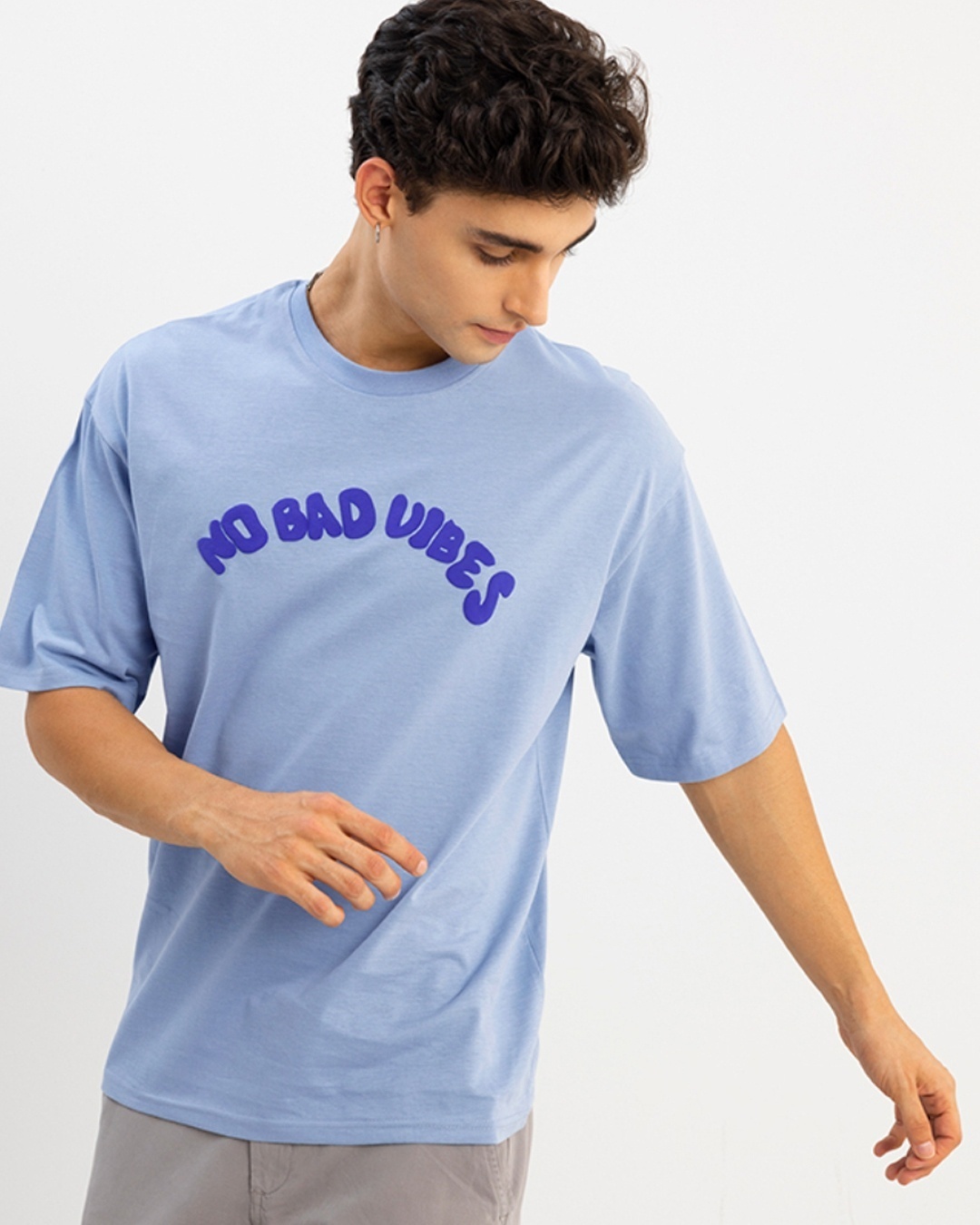 Shop Men's Blue No Bad Vibes Typography Oversized T-shirt