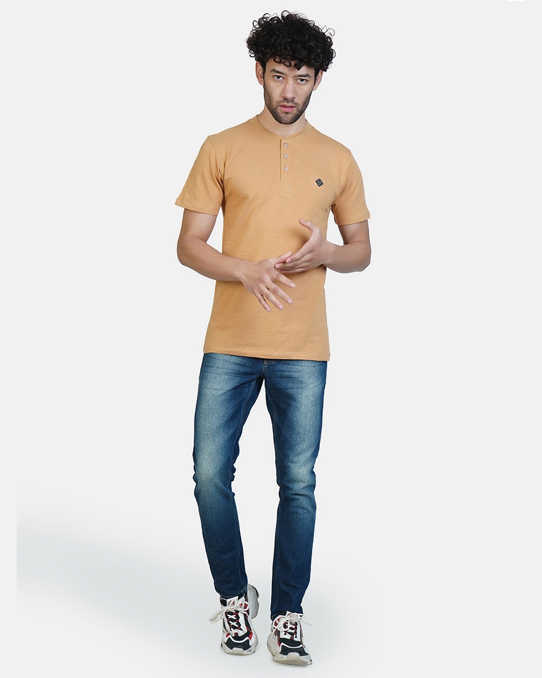 Shop Men's Blue & Orange Henley Cotton T-shirt (Pack of 2)
