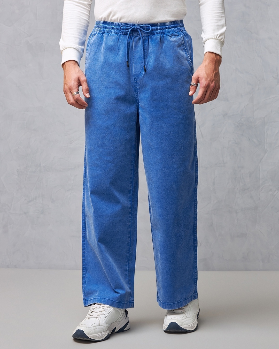 Sojanya (Since 1958) Men's Cotton Blend Blue Woven Design Casual Trousers