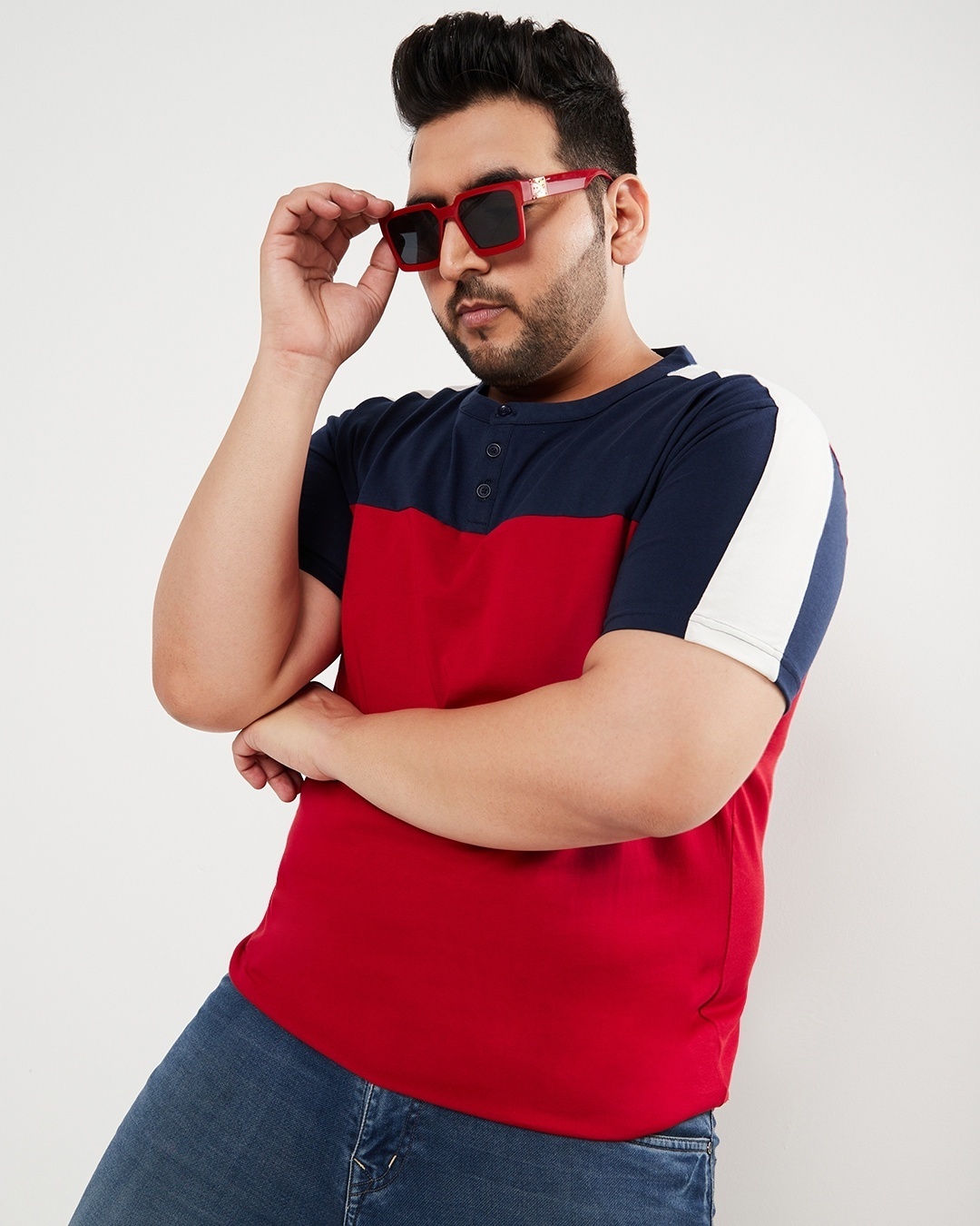 Shop Men's Blue & Red Color Block Plus Size Henley T-shirt-Front