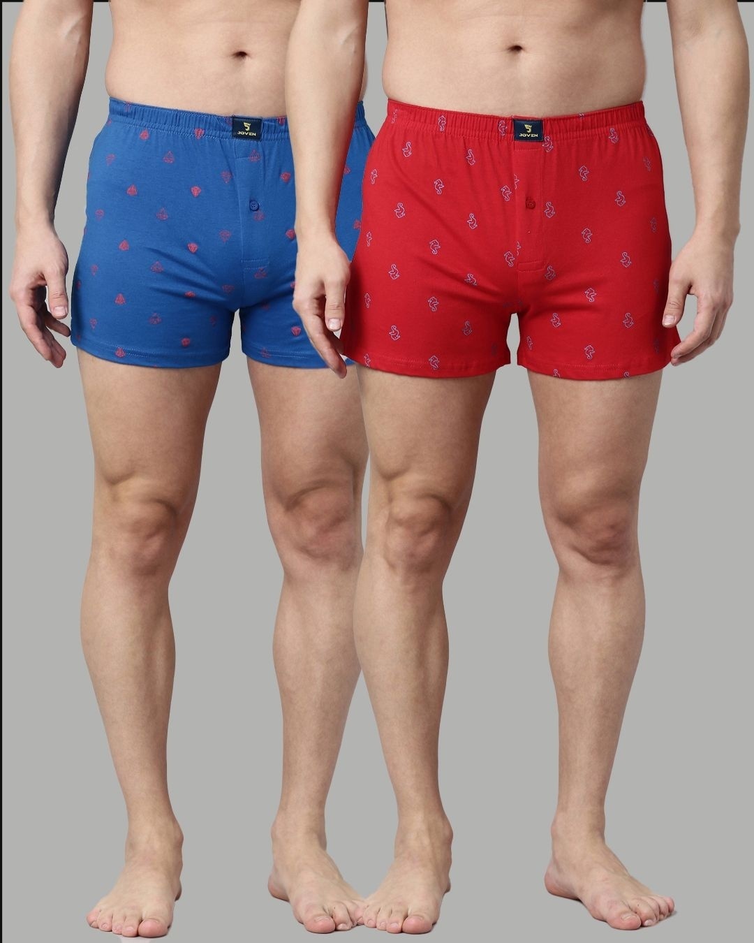 Shop Men's Blue & Red Printed Knitted Boxer (Pack Of 2)-Front