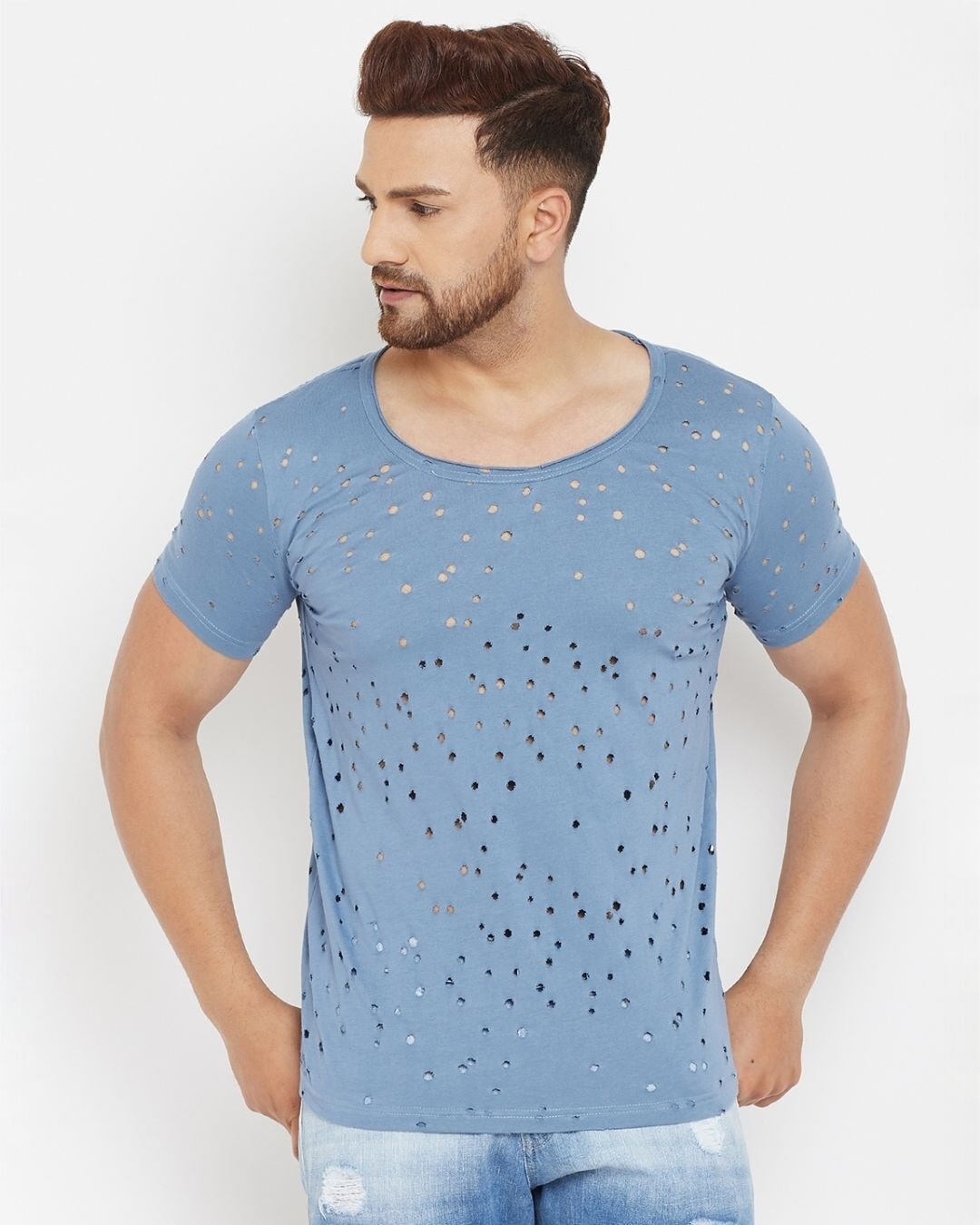 Shop Men's Blue Solid Slim Fit T-shirt-Front