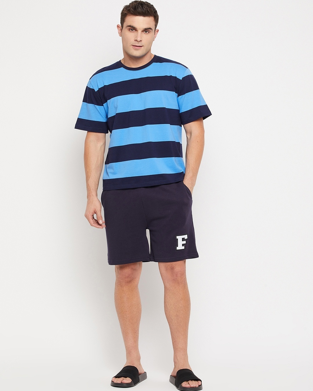 Buy Men's Blue Striped Oversized T-shirt & Shorts Set Online in India ...