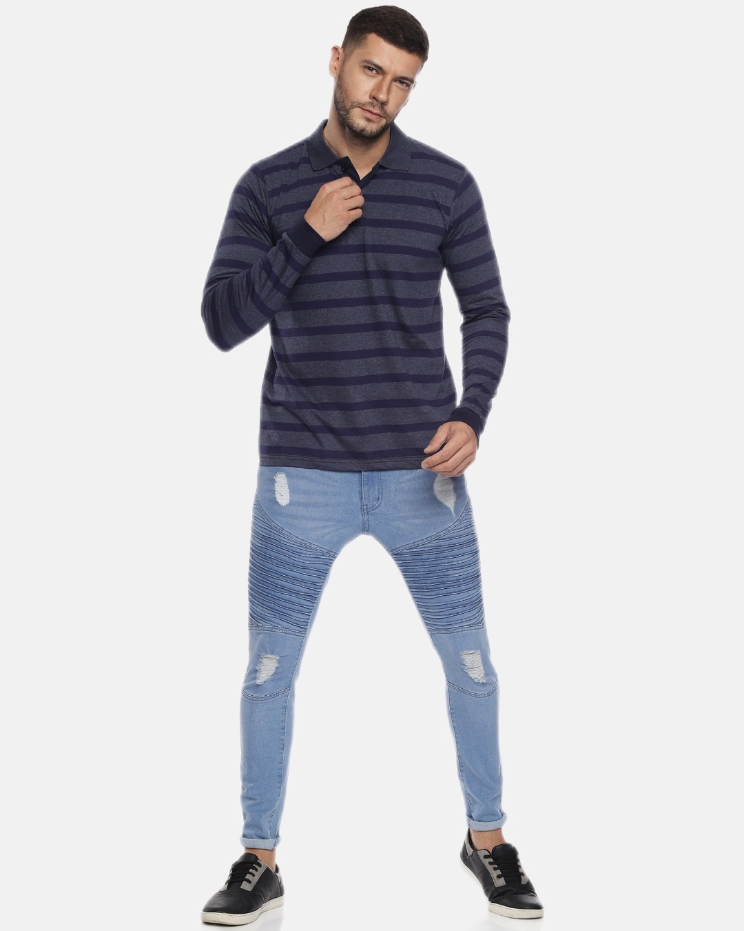 Shop Men's Blue Striped Polo T-shirt-Full