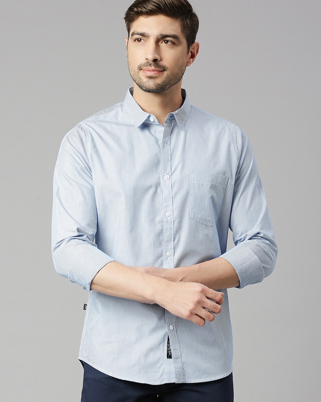 Men's Blue Premium Slim Fit Striped Cotton Casual Shirt