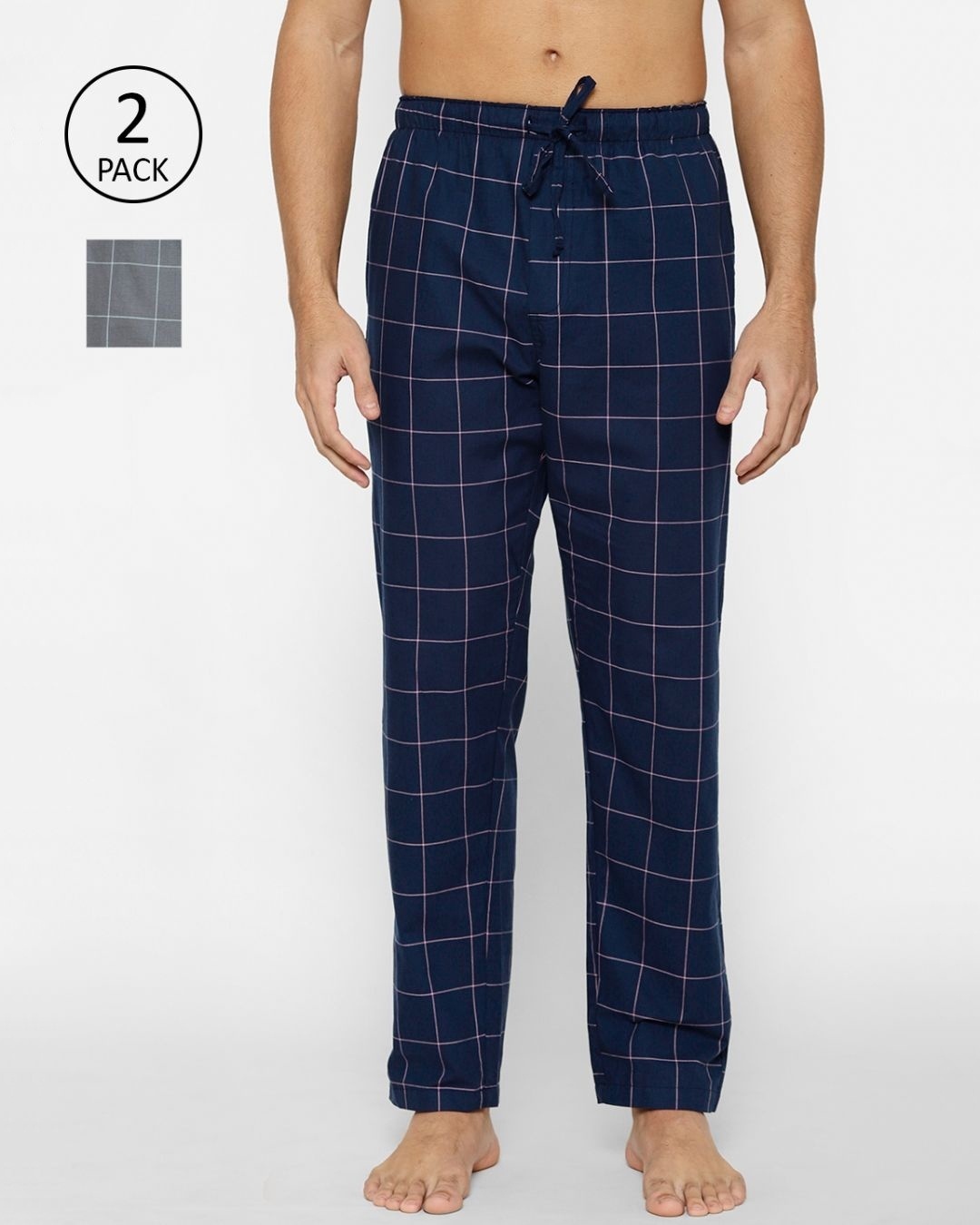 Shop Men's Blue Super Combed Cotton Checkered Pyjama (Pack of 2)-Front