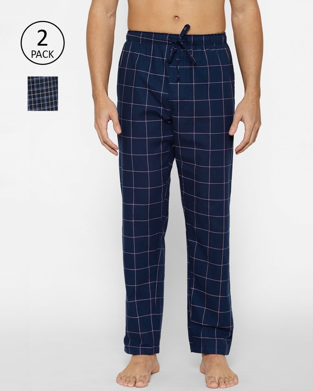 Shop Men's Blue Super Combed Cotton Checkered Pyjama (Pack of 2)-Front
