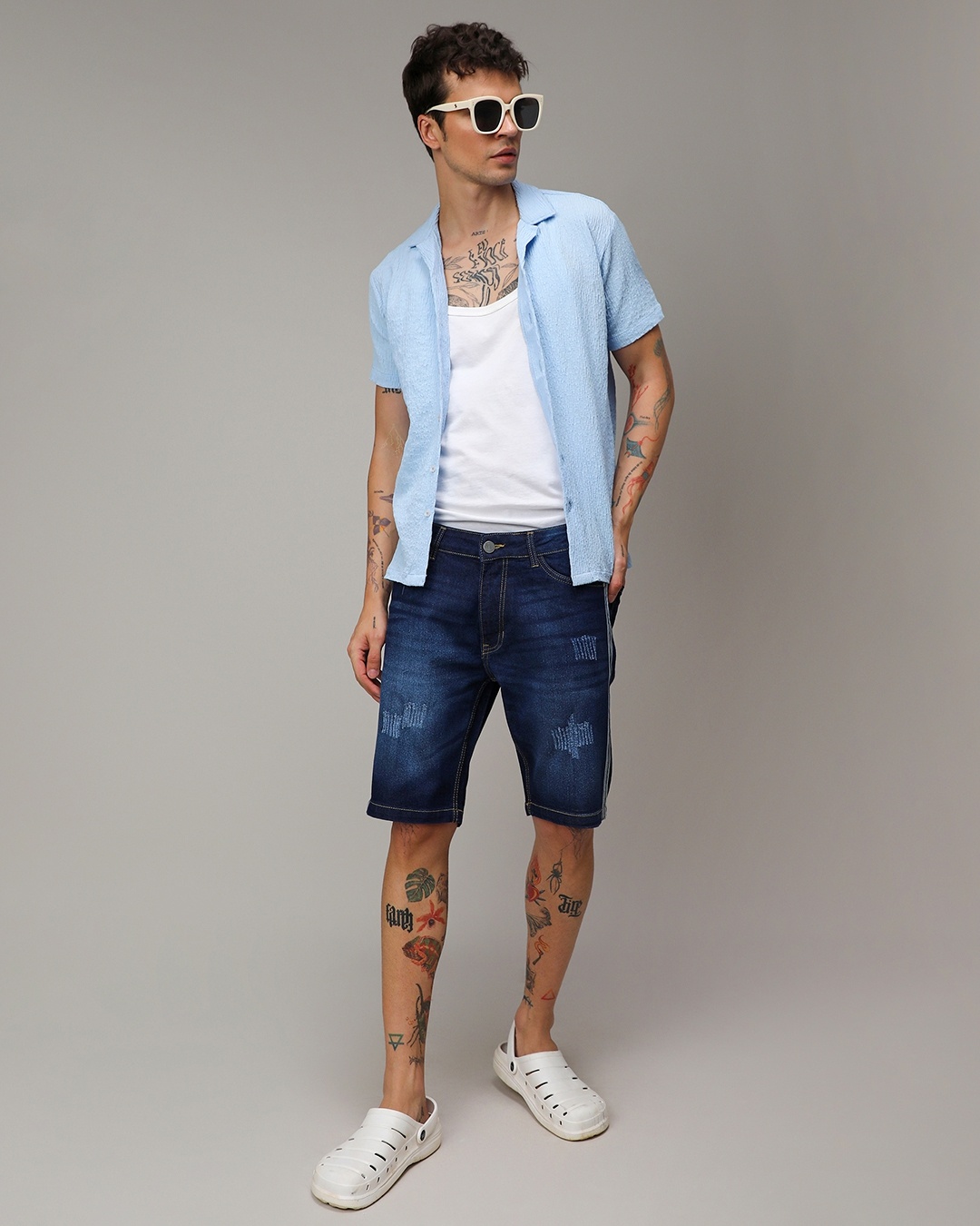 Men's Blue Washed Distressed Denim Shorts