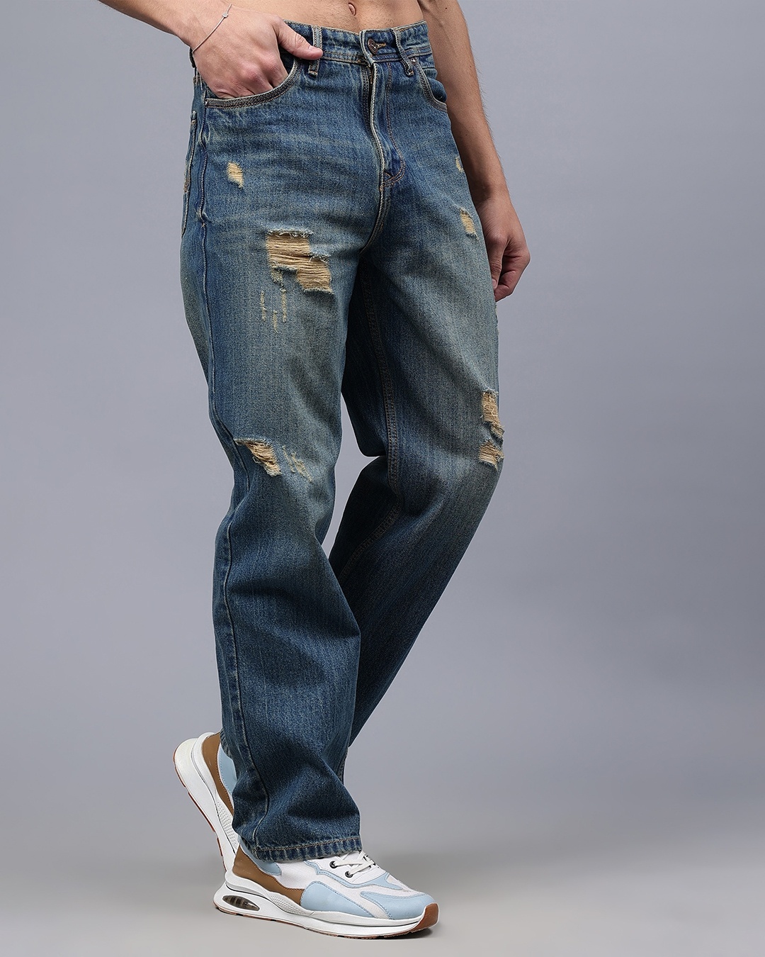 Men's Blue Relaxed Fit Distressed Jeans with Elasticated Waist and Drawstring