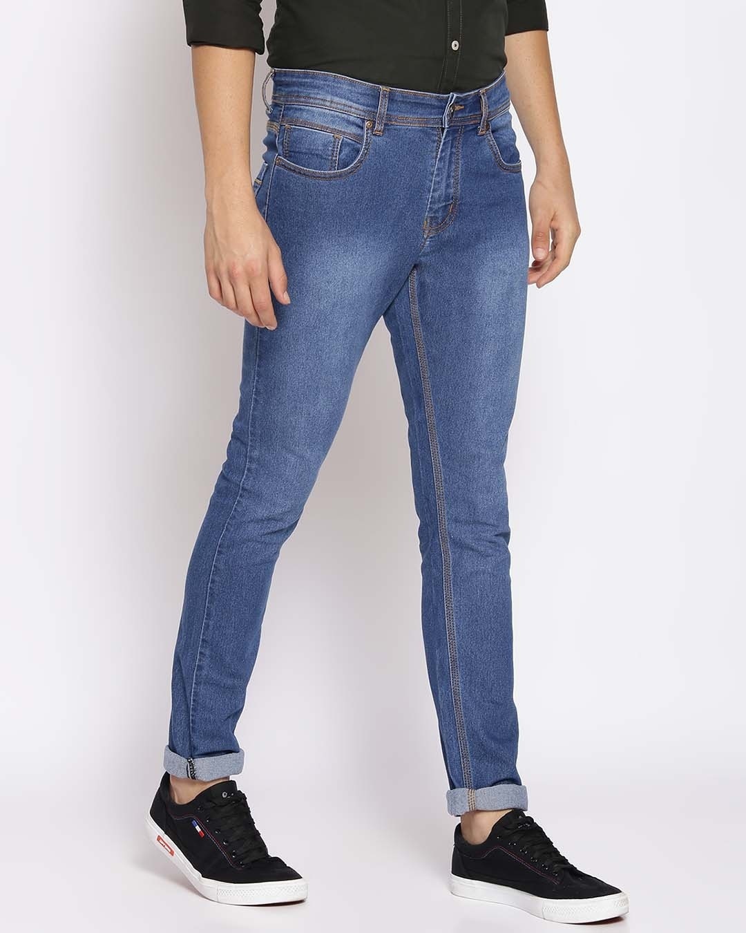 Shop Men's Blue Washed Slim Fit Mid Rise Clen Look Light Faded Jeans-Back
