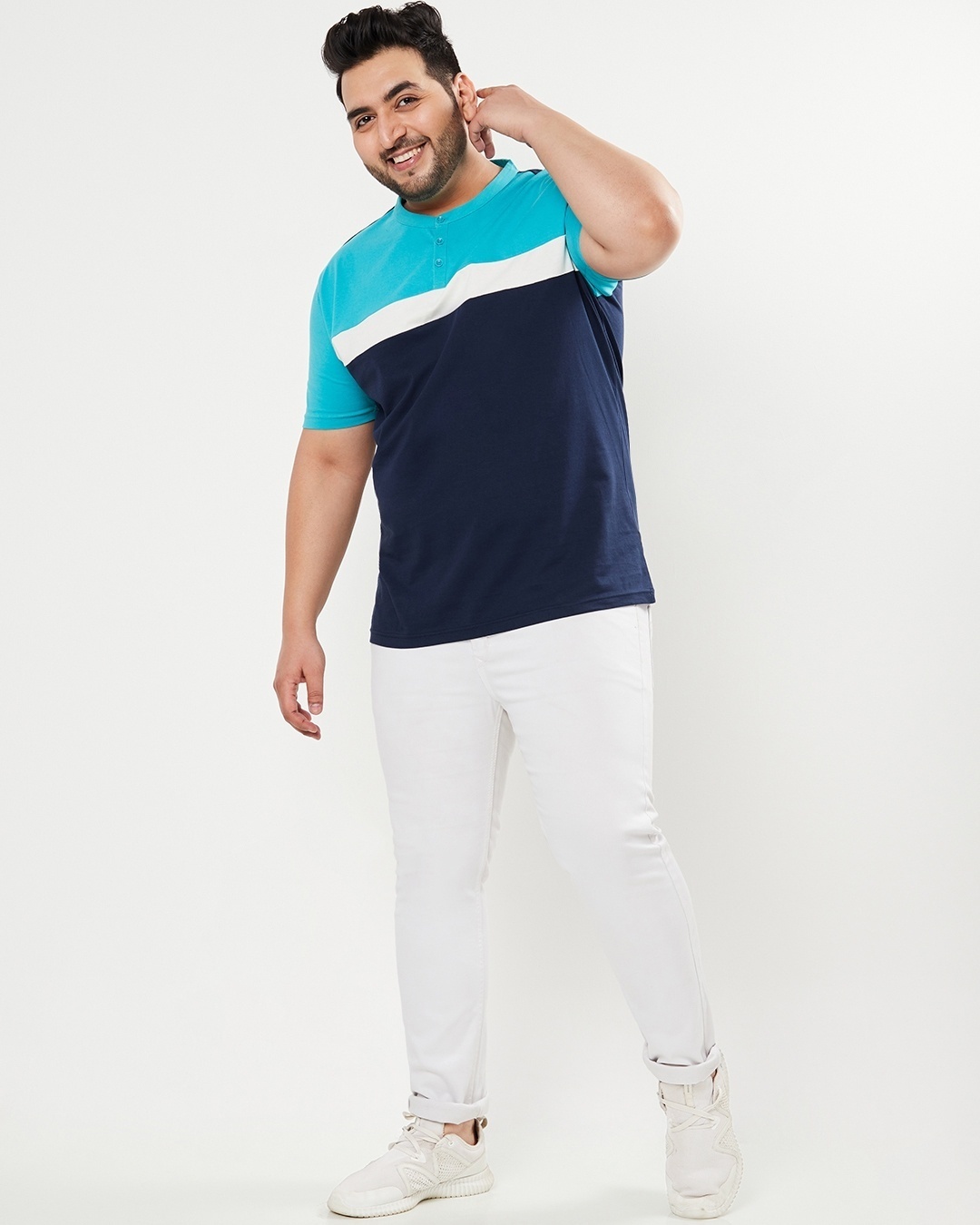 Shop Men's Blue & White Color Block Plus Size Henley T-shirt-Full