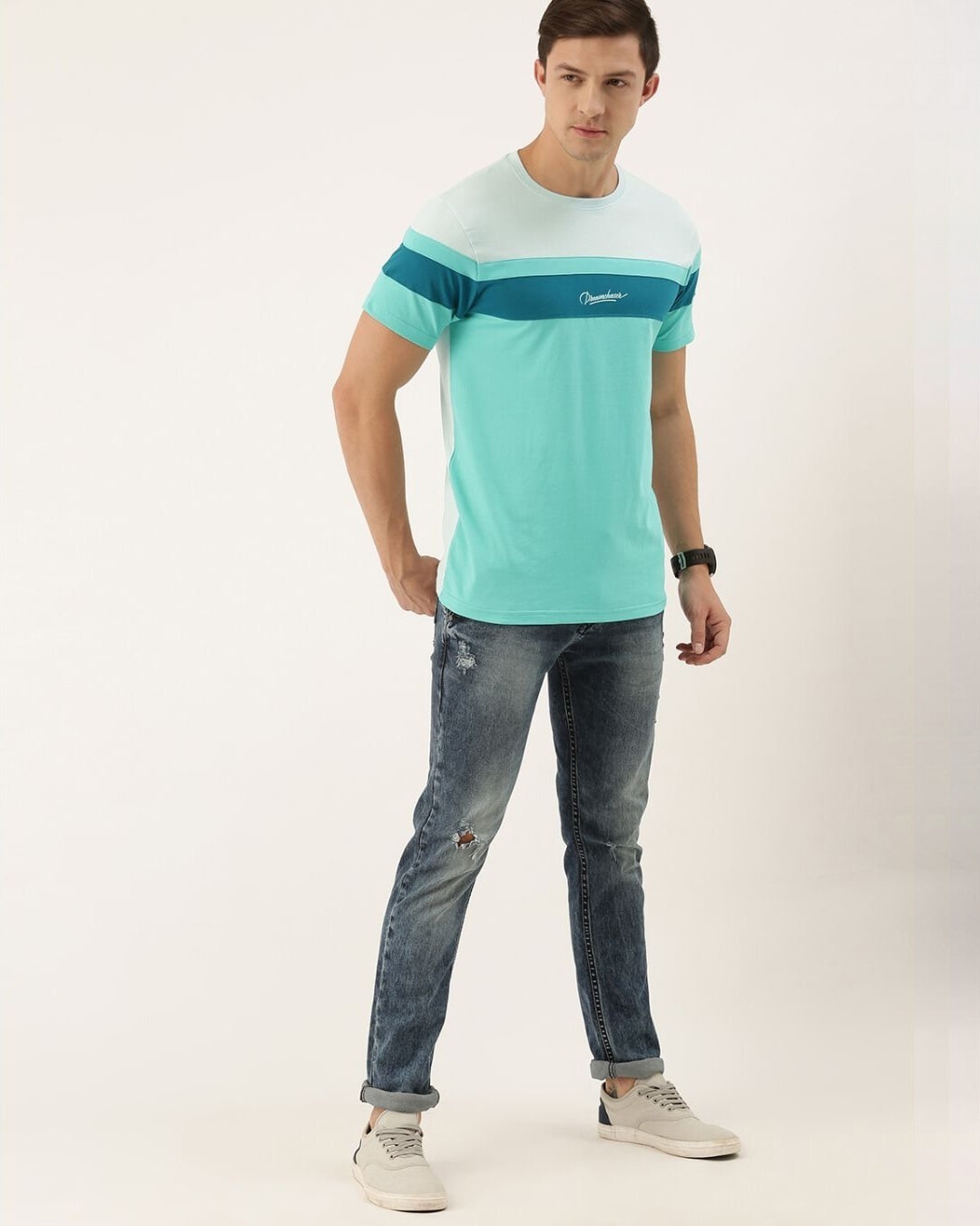 Shop Men's Blue & White Colourblocked T-shirt