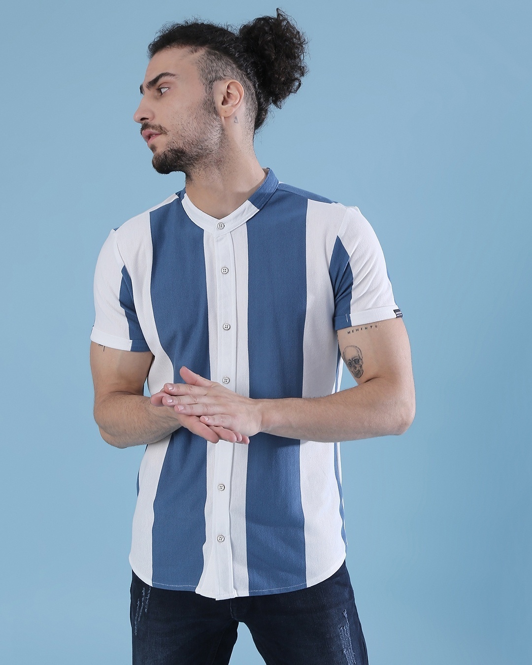 Shop Men's Blue & White Striped Regular Fit Shirt-Front