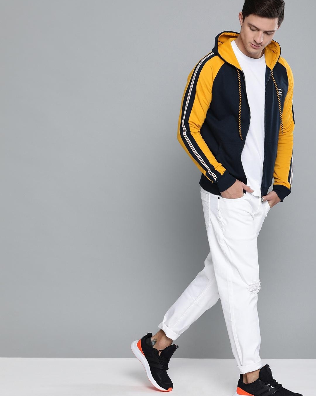 Buy Men's Blue & Yellow Color Block Hoodie for Men Blue Online at Bewakoof