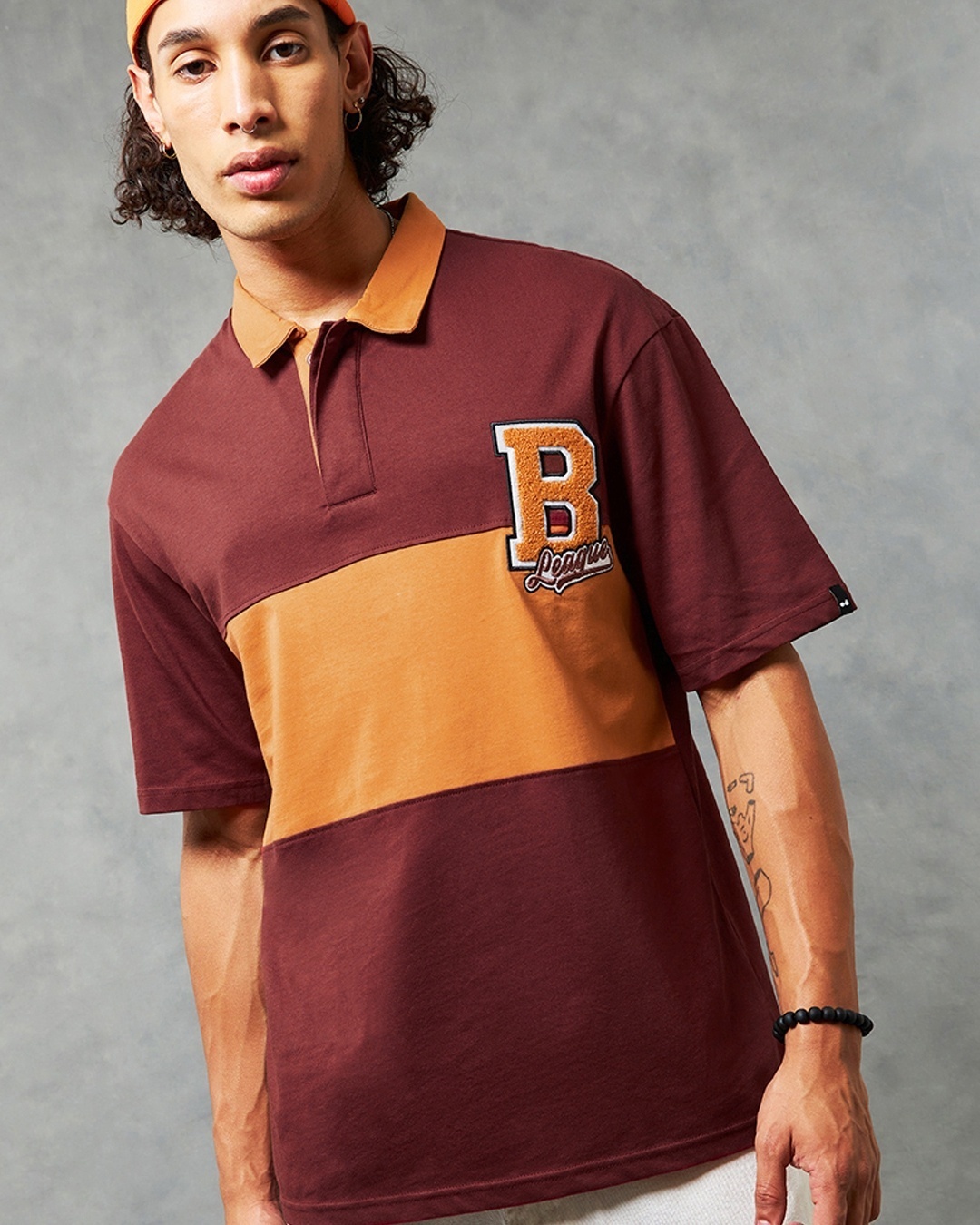 Men's Brick Red & Orange B League Color Block Oversized Polo T-shirt