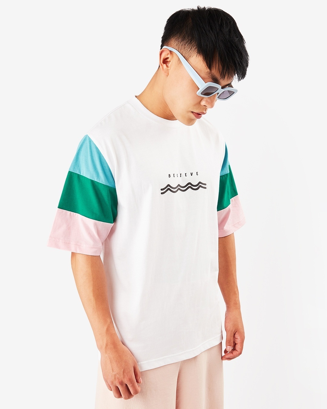 Shop Men's Bright White Believe Plus Size Color Block Oversized T-shirt-Front