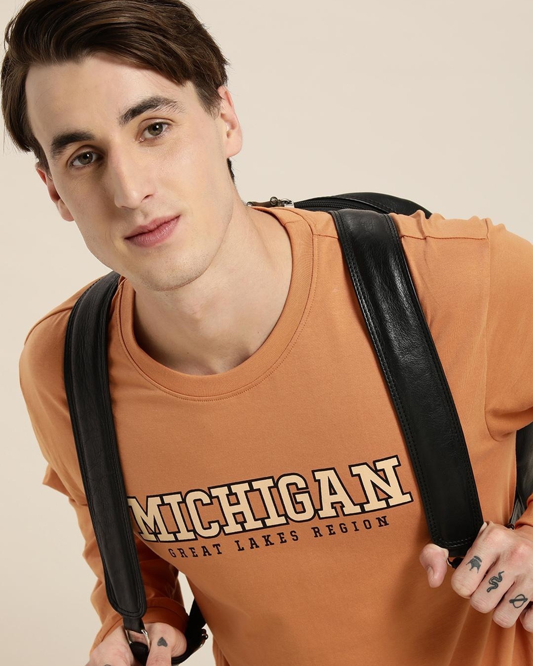 Shop Men's Brown Michigan Typography Oversized T-shirt-Full