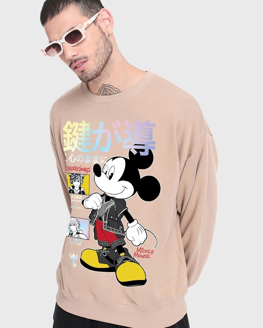 man styled brown sweatshirt with sunglasses