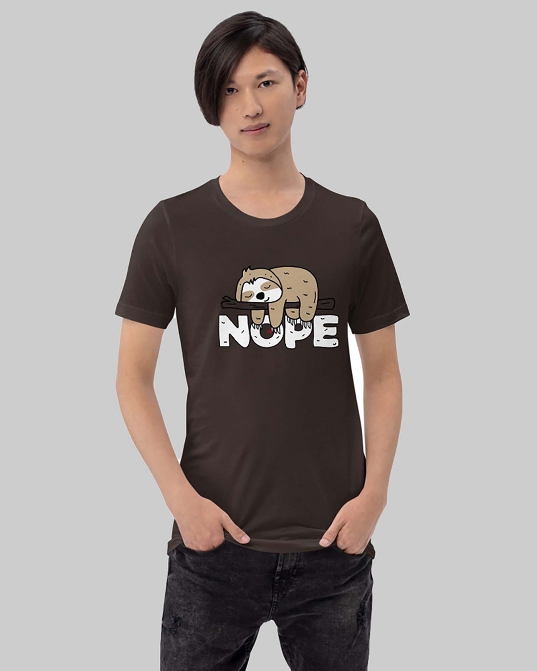 Shop Men's Brown Nope Sloth Typography T-shirt-Front