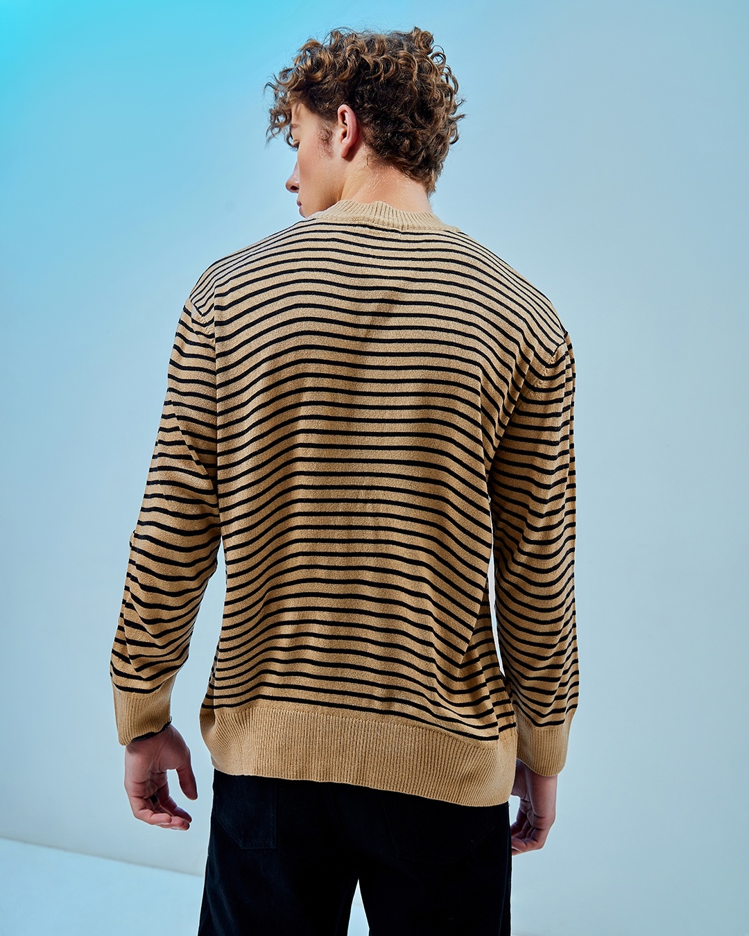 Buy Men s Brown Striped Oversized Flatknit Sweater Online at Bewakoof