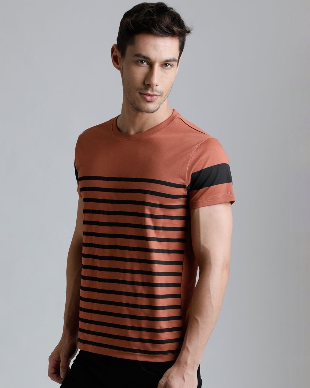 Shop Men's Brown Striped T-shirt