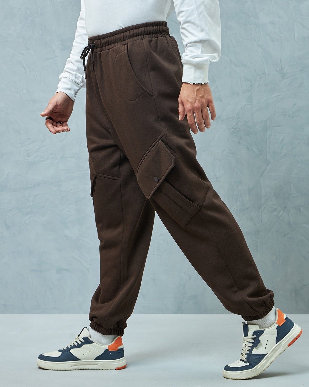 Men's Brown Relaxed Fit Cargo Joggers with Side Zipper and Elasticated Drawstring Waist