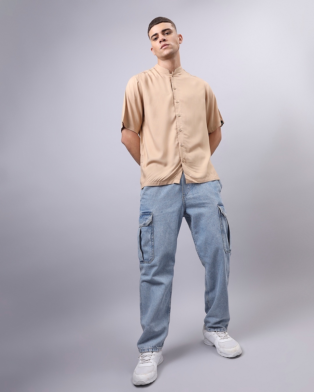 model with Short Height wearing shirt 