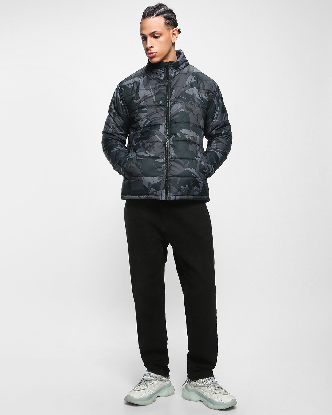 Buy Men's Grey Camo Printed Oversized Puffer Jacket for Men Camo AOP