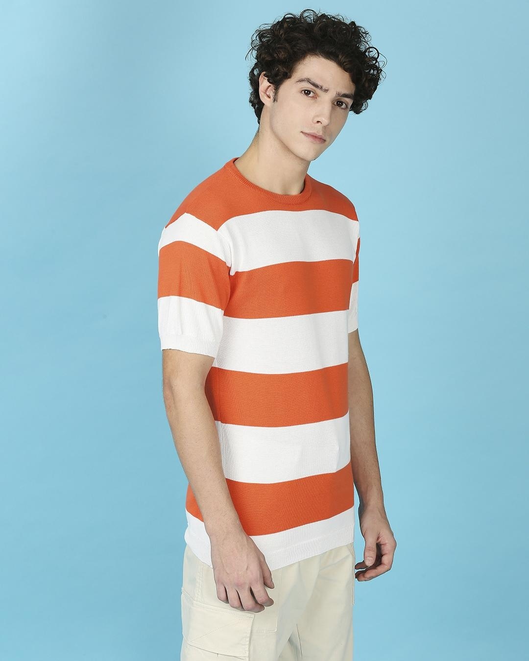 Buy Mens Candy White Striped Knitted Slim Fit T Shirt For Men Orange