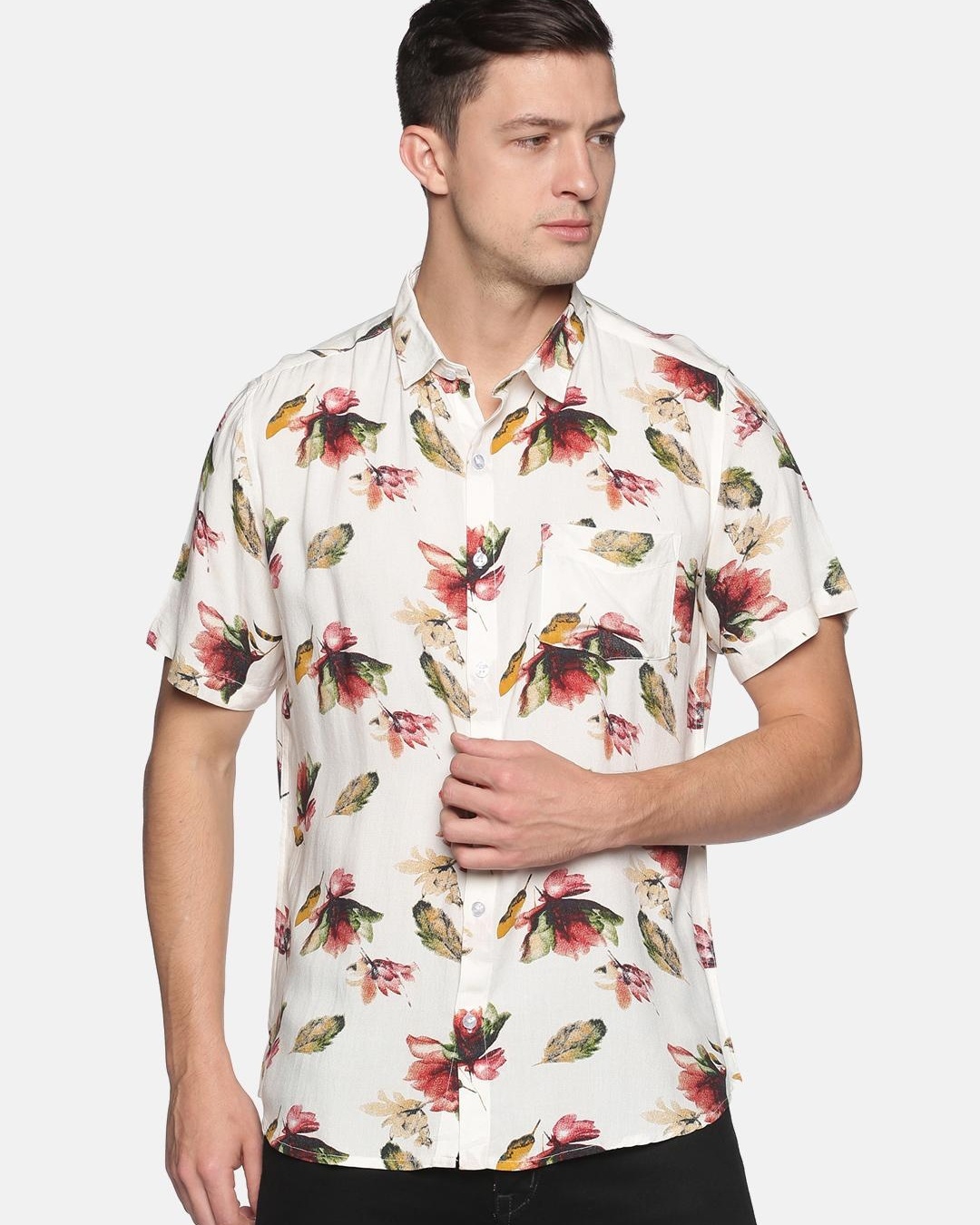 Men's Cream Beach Hawaiian Floral Printed Shirt(L)