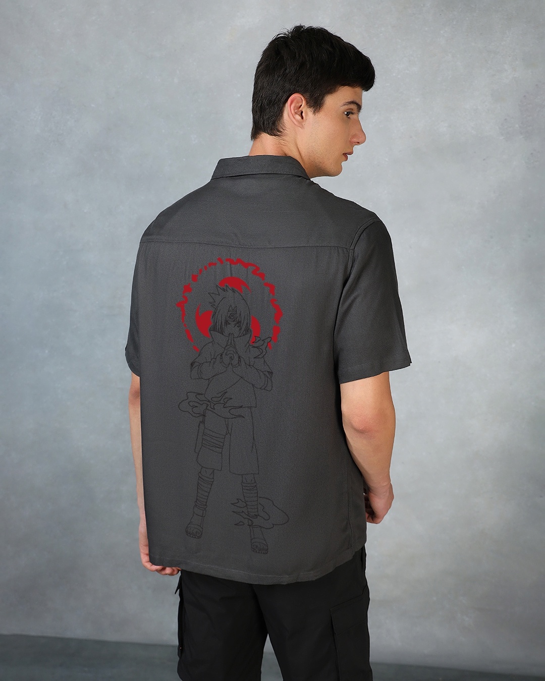 Men's Grey Cursed Sasuke Graphic Printed Oversized Shirt