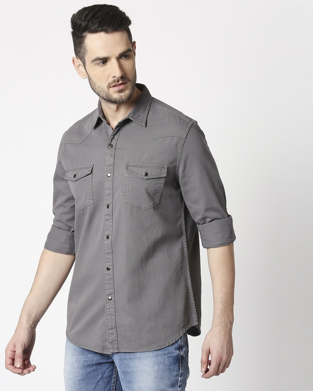 Buy Men's Dark Grey Casual Twill Over Dyed Slim Fit Shirt for Men grey ...